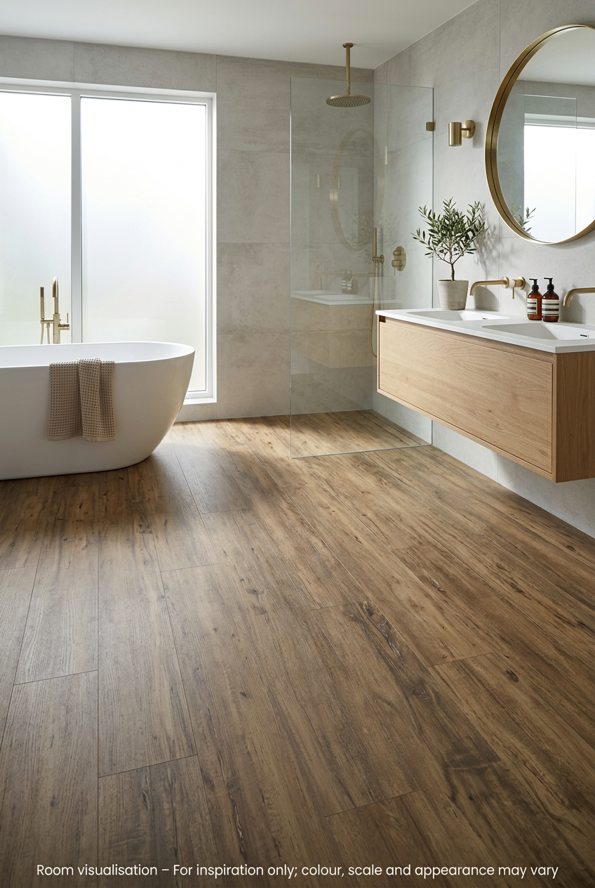 Luvanto Click Plus Distressed Olive Wood in Bathroom